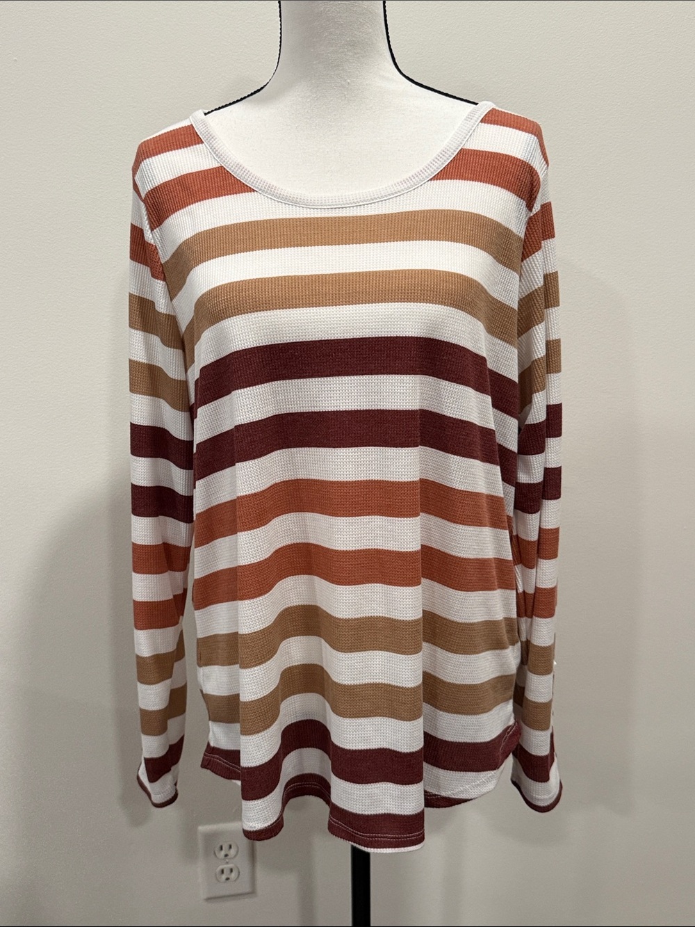 Maurices 24/7 Striped Long-Sleeve Scoop Neck Top - White, Rust & Tan Sz 1X